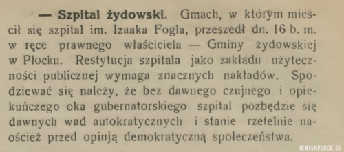 Press information about the return of the hospital building property to the Jewish commune in Płock  ("Tydzień Płocki" no. 16, 19.06.1924, p. 6)